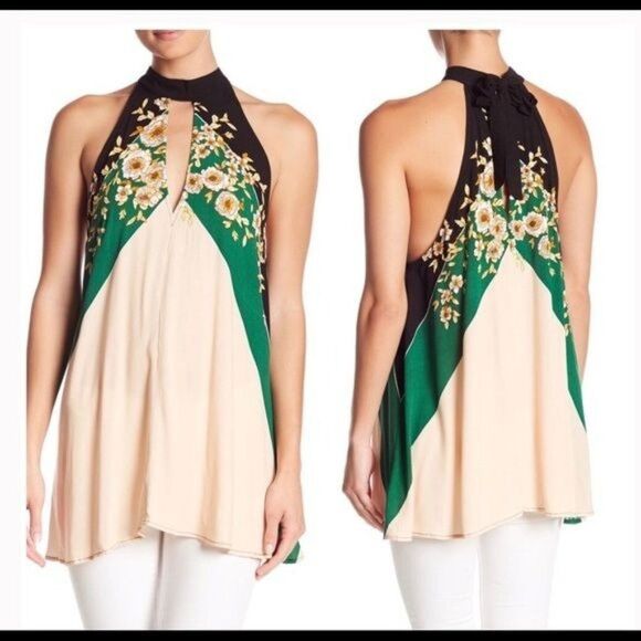 Free People Trapeze High Tie Neck Open V Mini Dress Top Multicolor Floral XS NEW - Picture 8 of 10